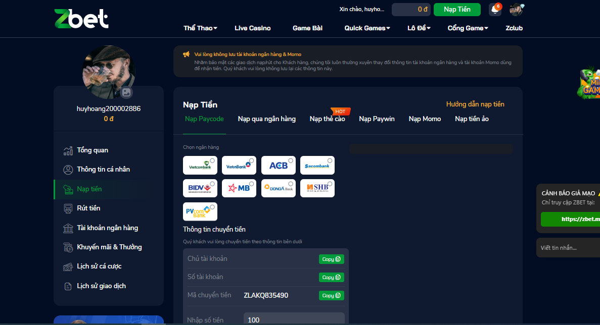 Nạp rút Zbet nhanh gọn, đảm bảo an toàn 