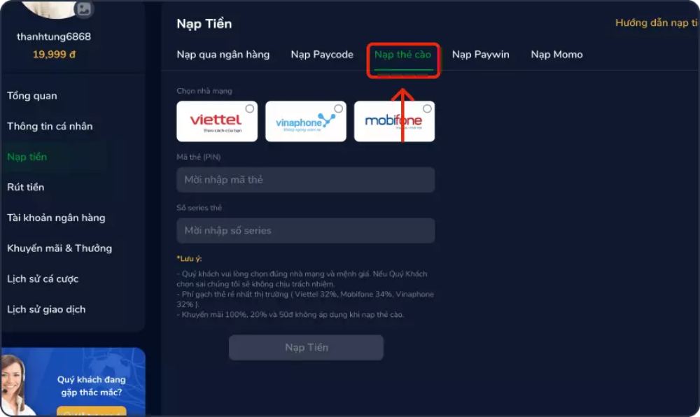 Nạp tiền Zbet bằng thẻ cào