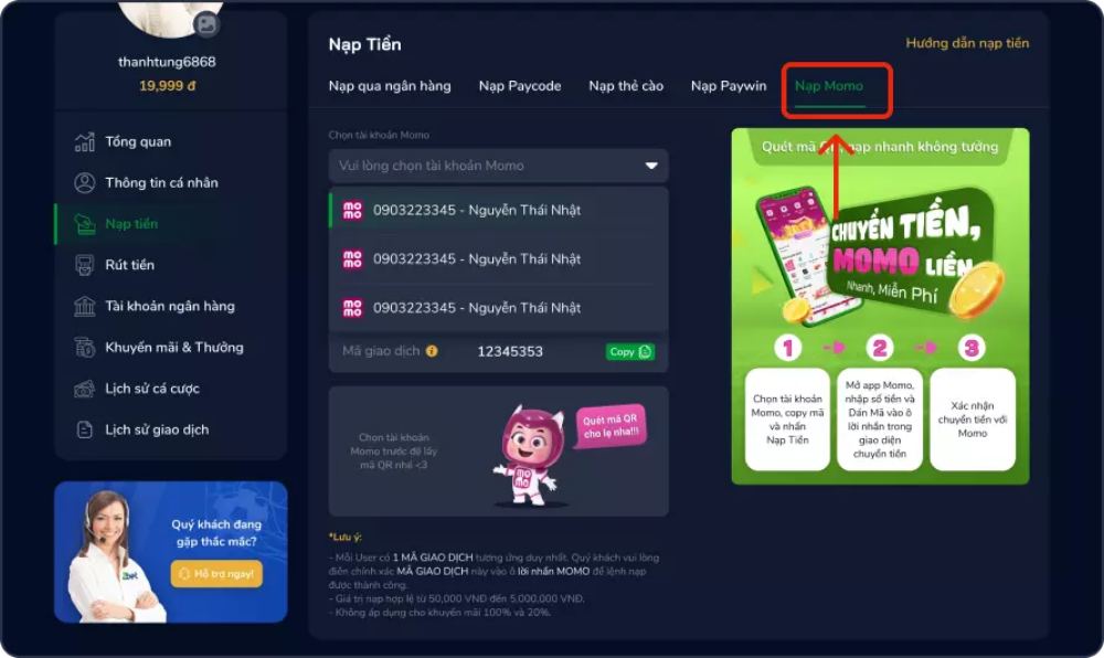 Nạp tiền Zbet qua ví Momo