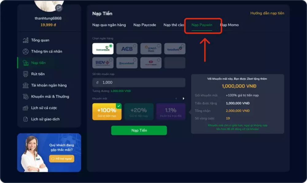 Nạp tiền Zbet nhanh qua Paywin