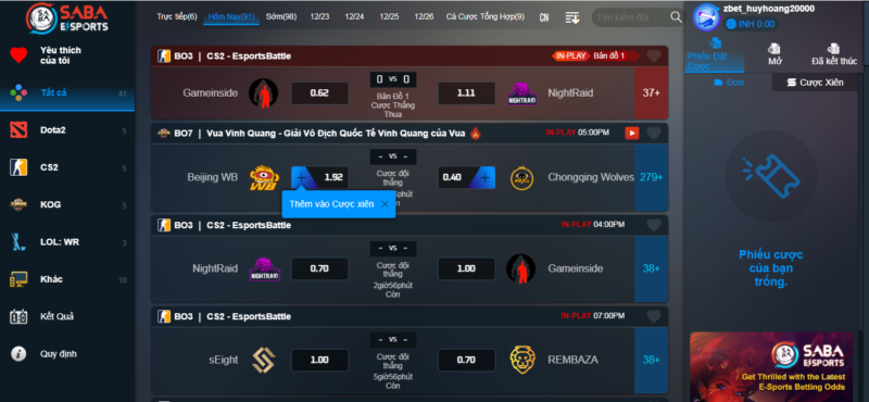 các cược esports zbet