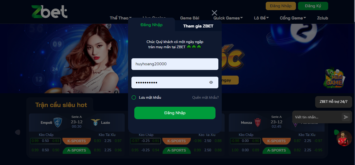 Đăng nhập nhanh tới tài khoản Zbet