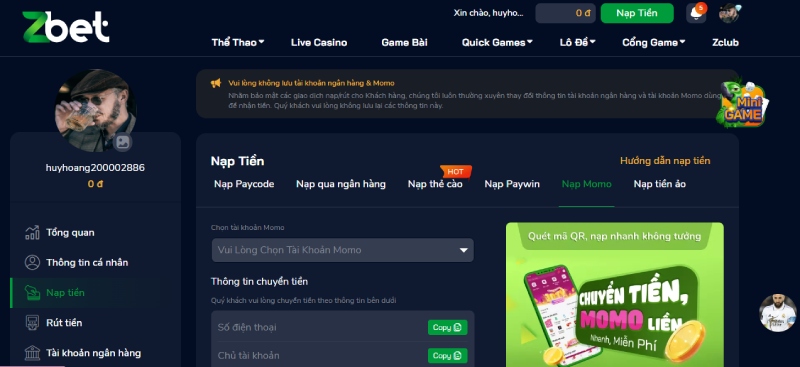 Nạp tiền tại nhà cái Zbet để chơi cá cược Table game mỗi ngày