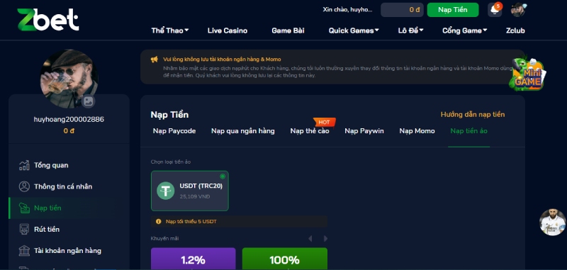 Nạp tiền vào tài khoản và truy cập link chơi Tứ Linh tại Zbet