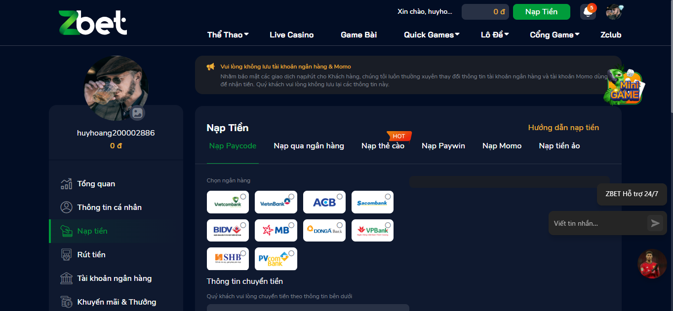 Nạp tiền chơi cá cược Esports Zbet